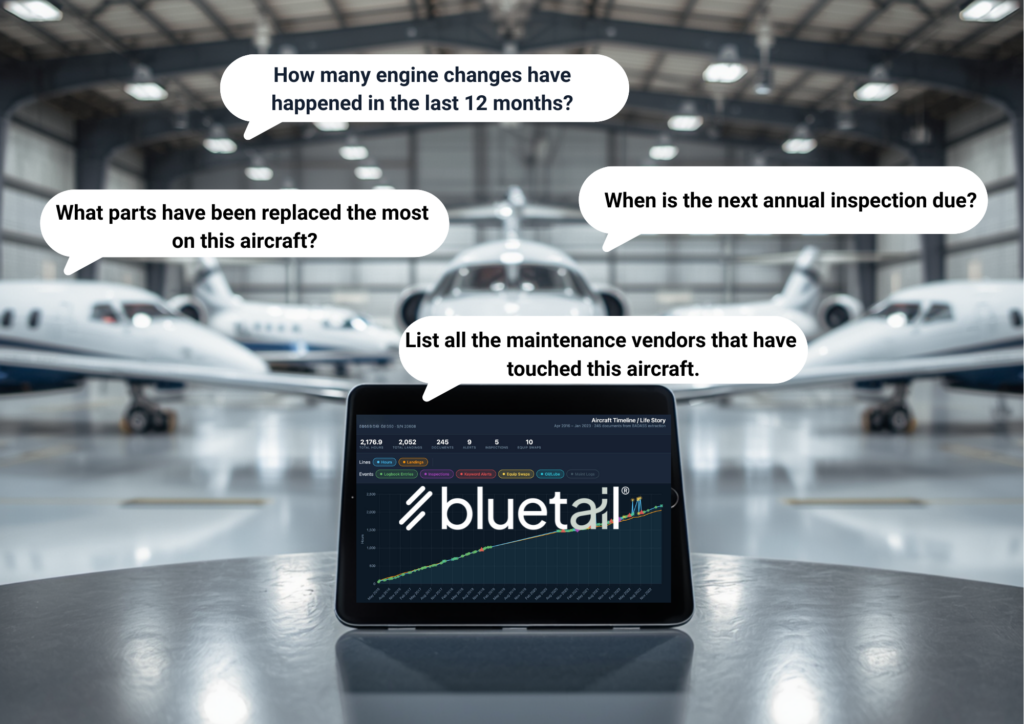Aircraft hangar with iPad showing Bluetail logo