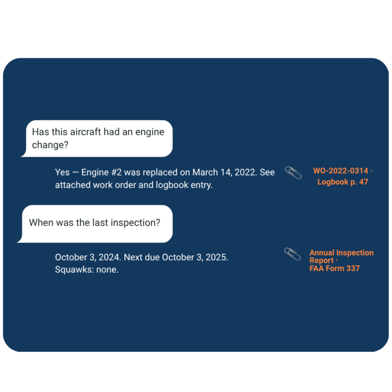 Ask Bluetail Conversation showing aircraft records and logbook proof