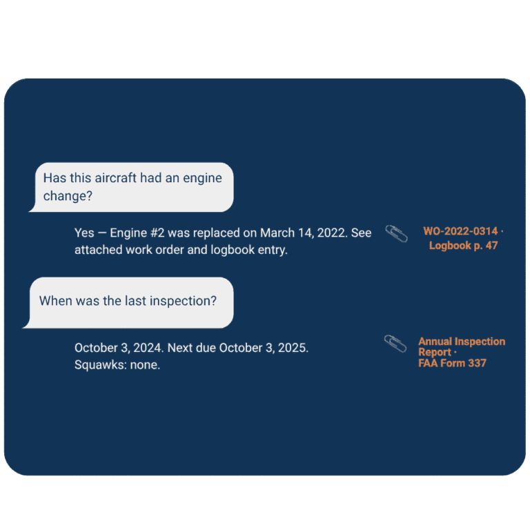 Ask Bluetail Conversation showing proof of aircraft record